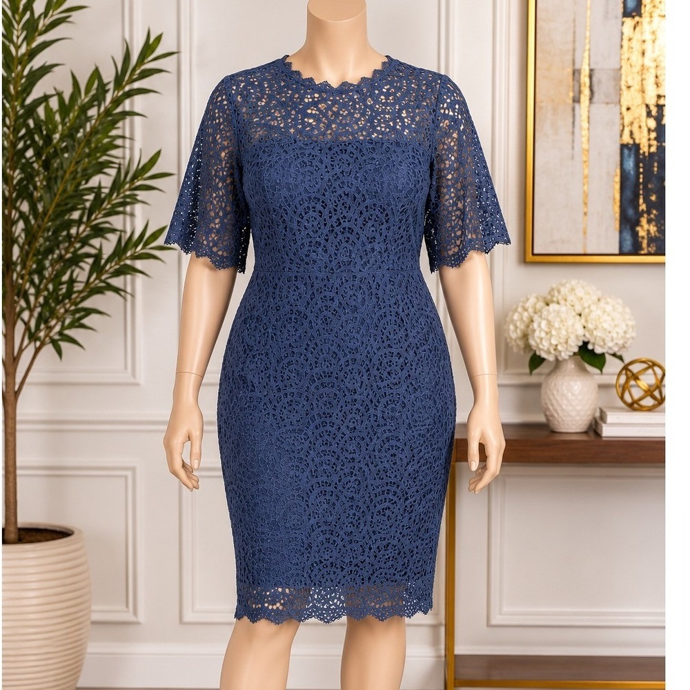 Love X Design Navy Lace Sheath Dress Short Sleeve L NWT